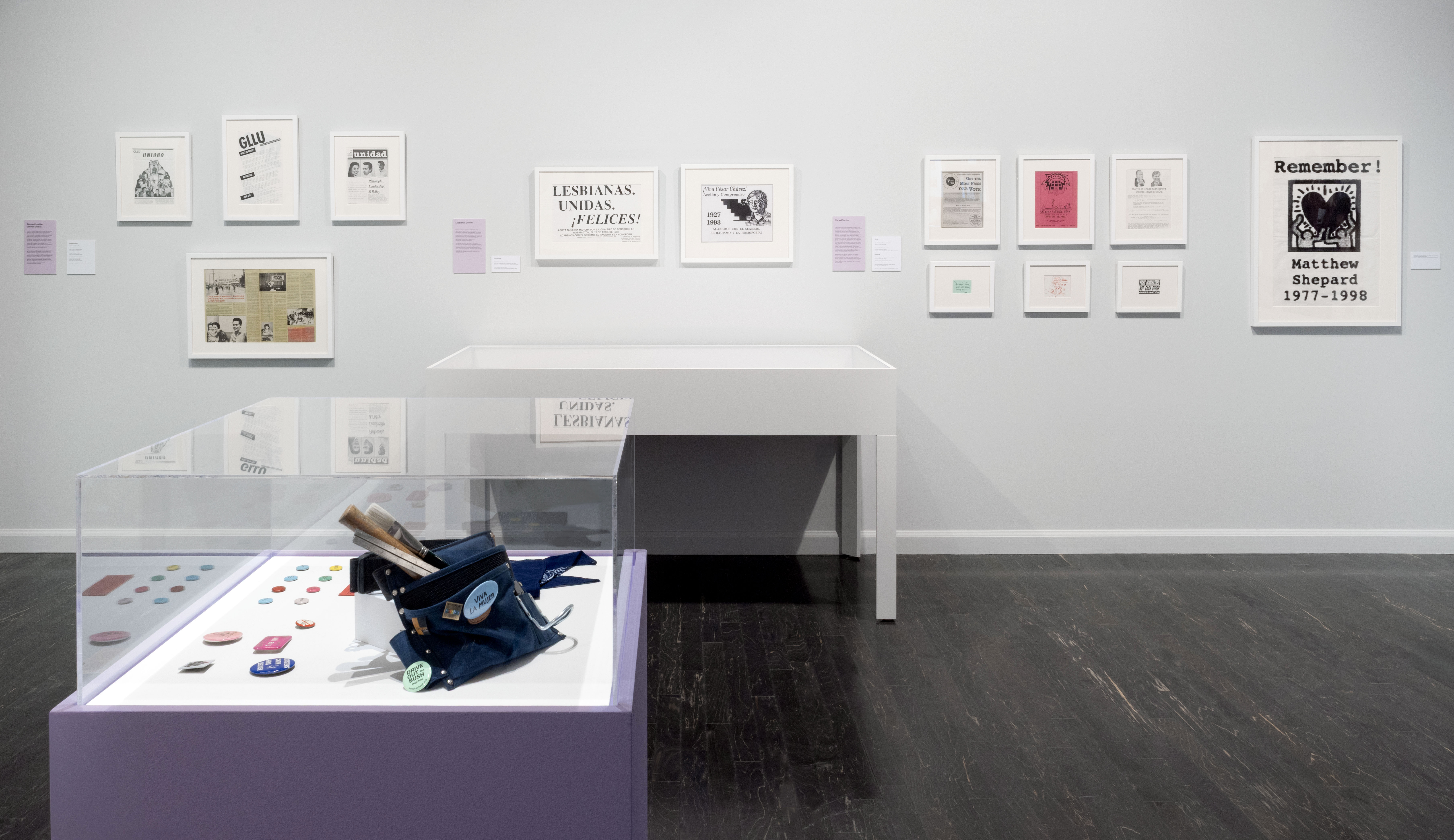 installation image showing artworks on the wall and a vitrine