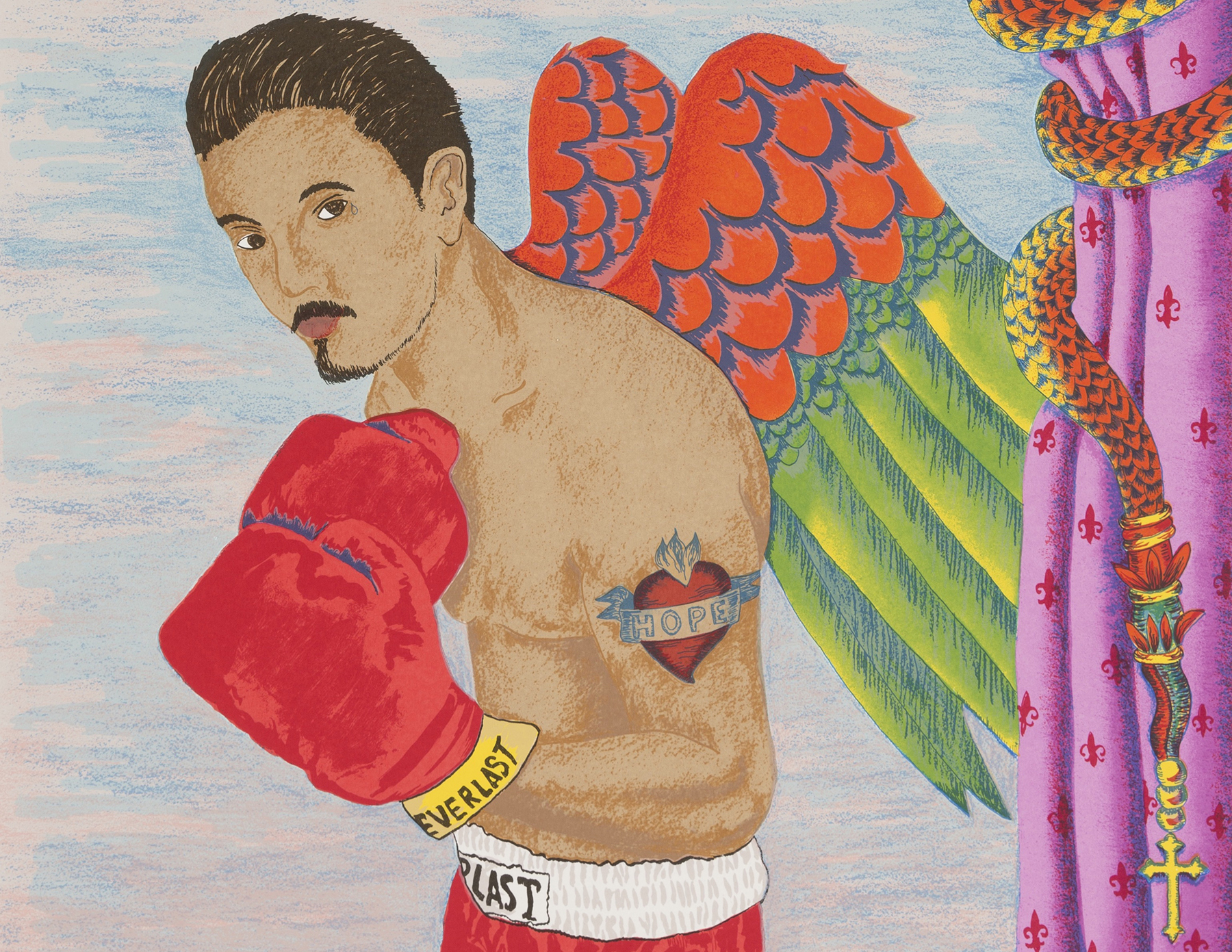 an artwork featuring a person wearing boxing gloves and wings