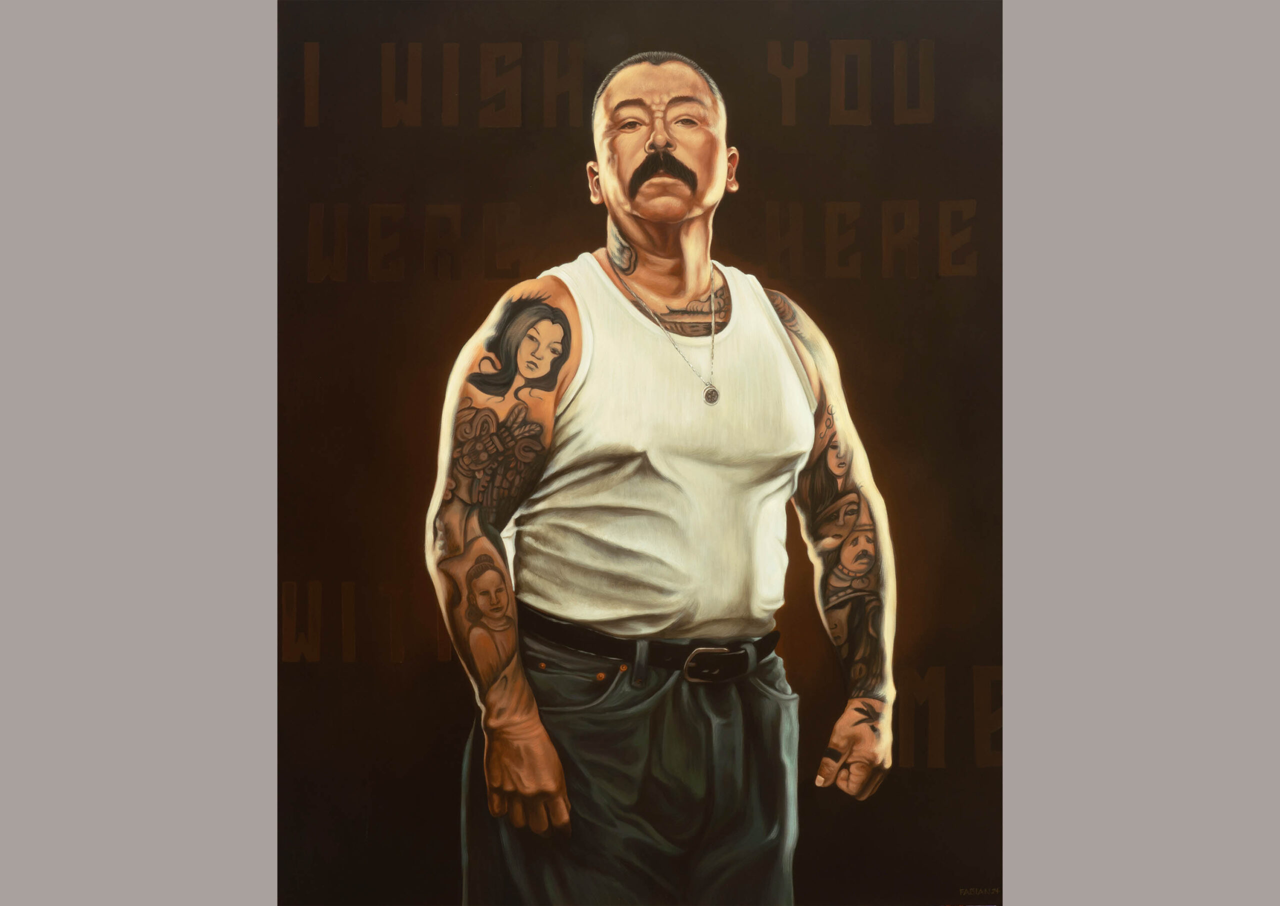 A painting of a man with tattoos and a white shirt