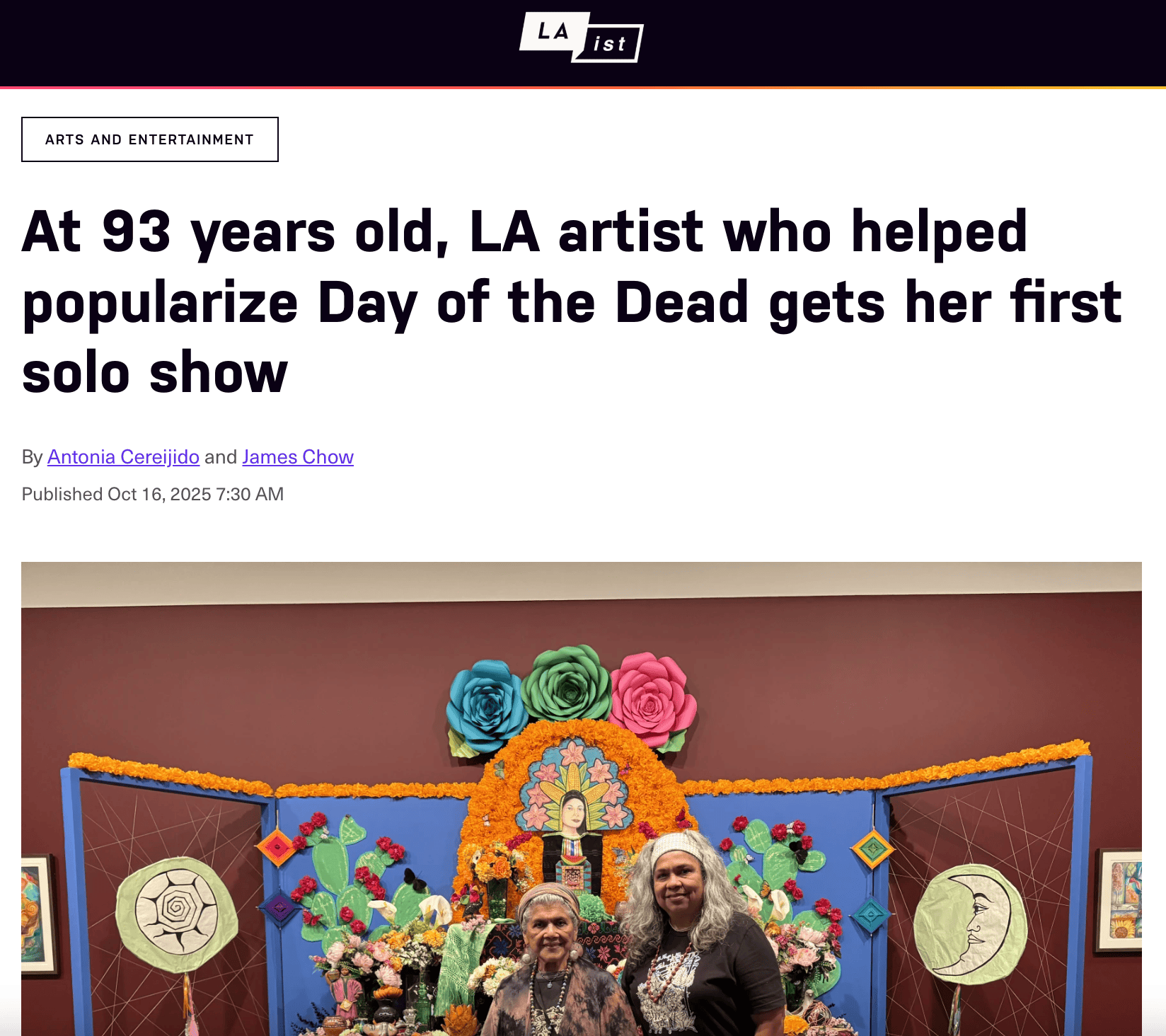 a screenshot of an LAist article with the headline "At 93 years old, LA artist who helped popularize Day of the Dead gets her first solo show"