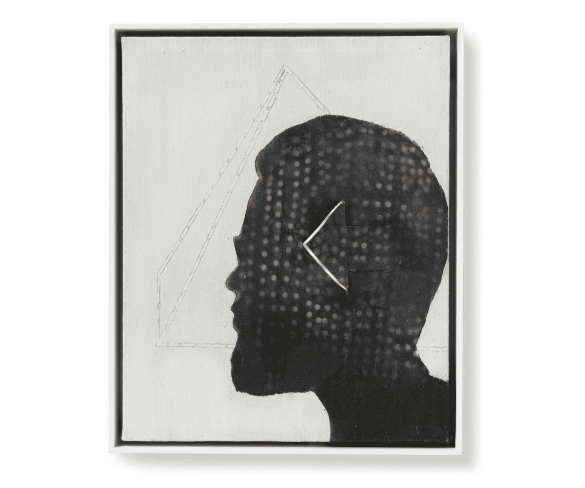 a black and white artwork featuring a silhouette of a person's profile