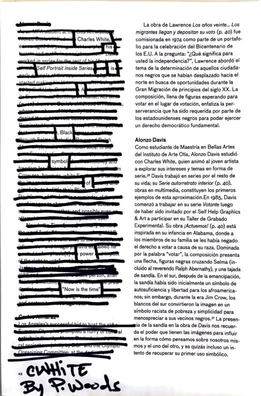 a photograph of a blackout poem with markings