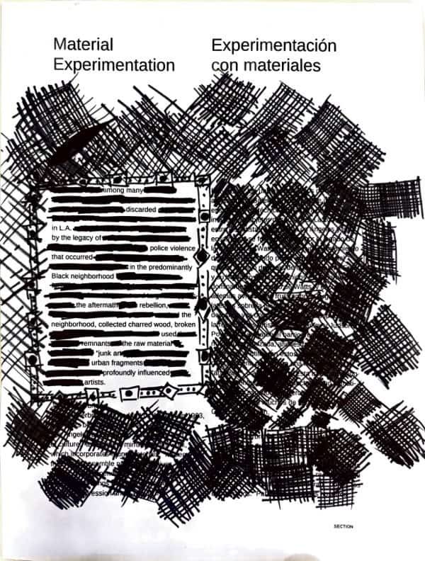 a photograph of a blackout poem with black markings